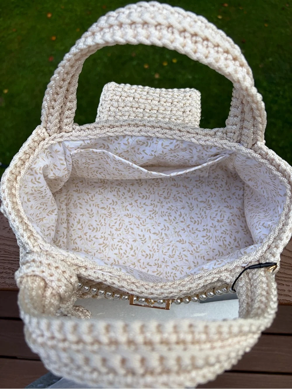 Ivory Crochet Bag, Handmade Boho Purse, Polypropylene Woven Handbag, Tassel